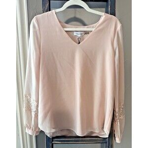 NEW!! CALVIN KLEIN Sz Small  Sheer lined Lace inset Sleeve Blouse 79.50 MSRP